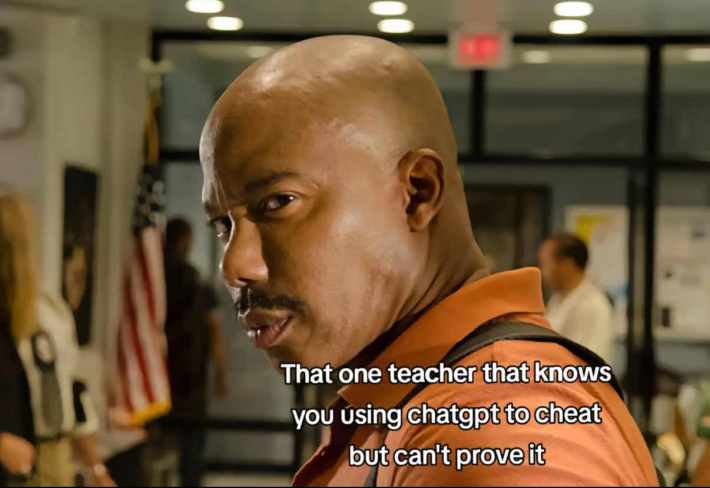 TikTok post of Doakes from 'Dexter' staring. Text overlay reads, "That one teacher that knows you using chatgpt to cheat but can't prove it."