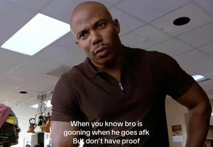 TikTok post of Doakes from 'Dexter' staring. Text overlay reads, "When you know bro is gooning when he goes afk but don't have proof."