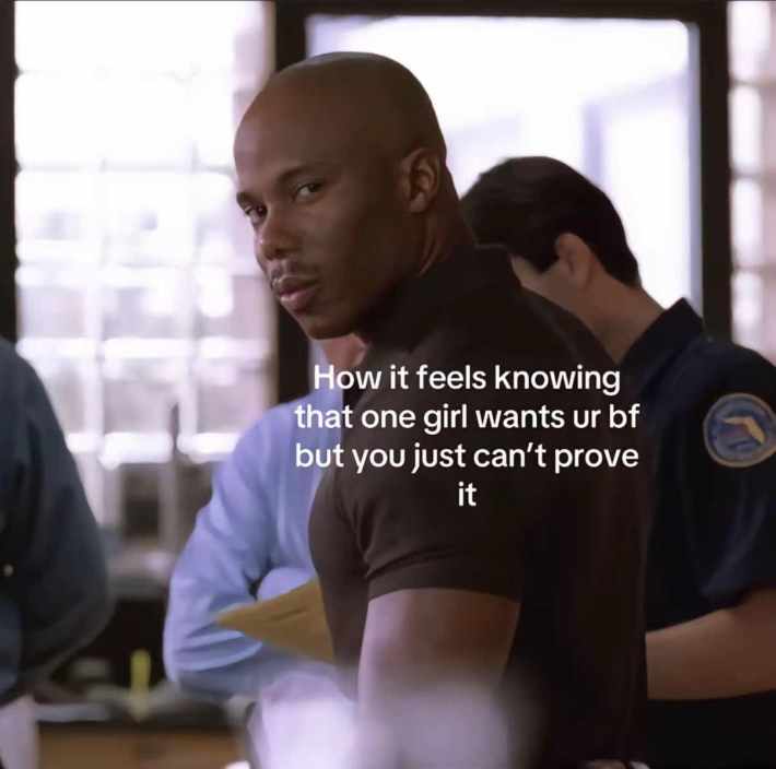 TikTok post of Doakes from 'Dexter' staring. Text overlay reads, "How it feels knowing that one girl wants ur bf but you just can't prove it."