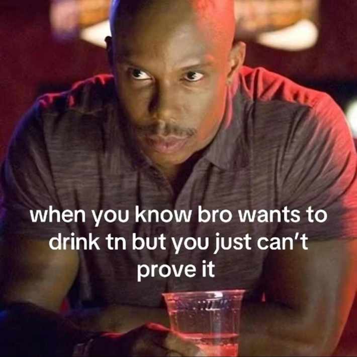 TikTok post of Doakes from 'Dexter' staring. Text overlay reads, "when you know bro wants to drink [tonight] but you can't just prove it."