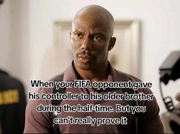 TikTok post of Doakes from 'Dexter' staring. Text overlay reads, "When your FIFA opponent gave his controller to his older brother during half-time. But you can't really prove it."