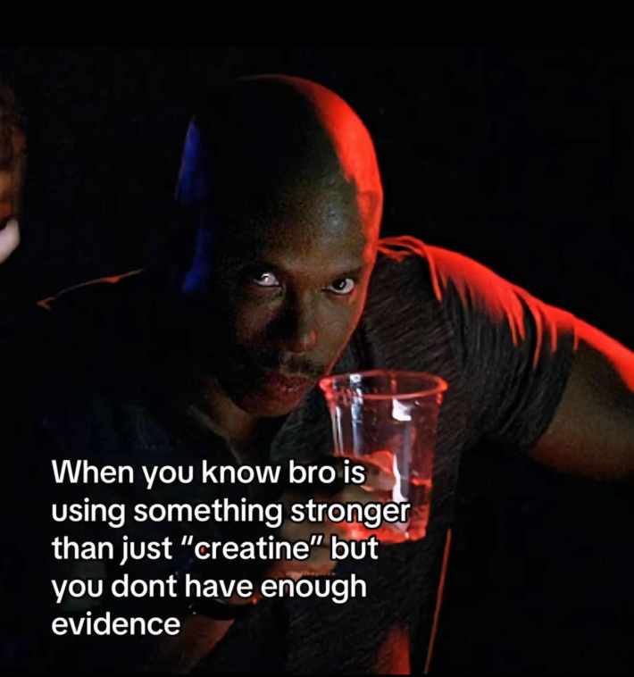 TikTok post of Doakes from 'Dexter' staring. Text overlay reads, "When you know bro is using something stronger than just 'creatine' but you dont have enough evidence."