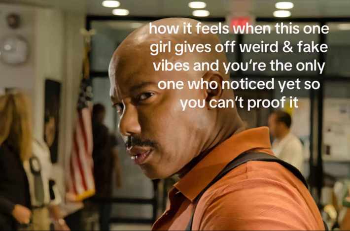 TikTok post of Doakes from 'Dexter' staring. Text overlay reads, "how it feels when this one girl gives off weird & fake vibes and you're the only one who noticed yet so you can't proof it."