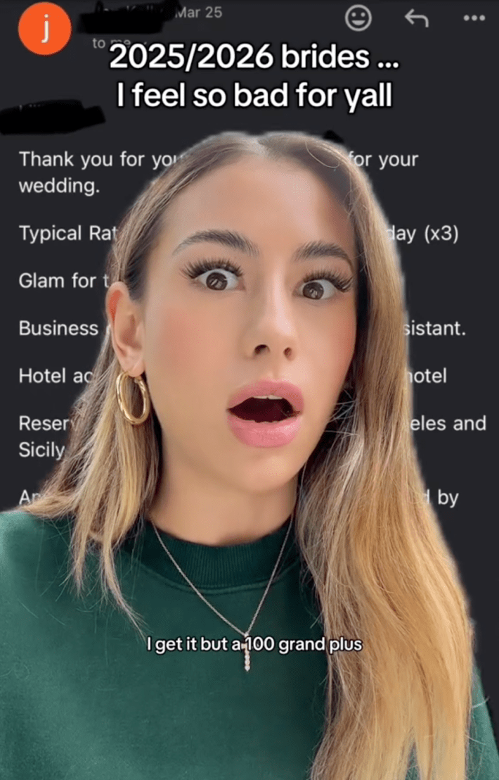@emilyfromarkansassss on TikTok 2025/2026 brides... I feel so bad for y'all. "I get it but a 100 grand plus..."