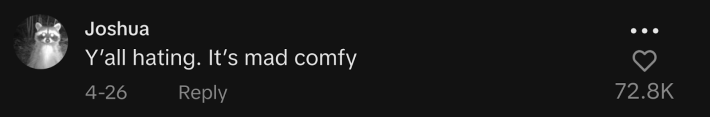 “Y’all hating. It’s mad comfy,” said @jdr1102.