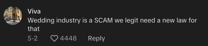 “Wedding industry is a SCAM. We legit need a new law for that,” commented @vivaaj.