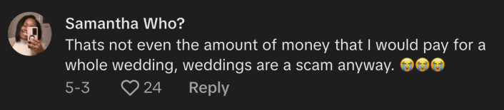 “That’s not even the amount of money that I would pay for a whole wedding,” shared @useruo78tu54vv, “Weddings are a scam anyway.”