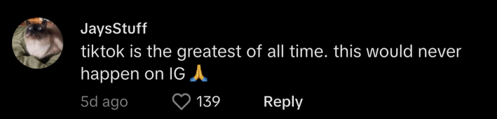 @jaysstuff92 replied, “TikTok is the greatest of all time. This would never happen on IG.”