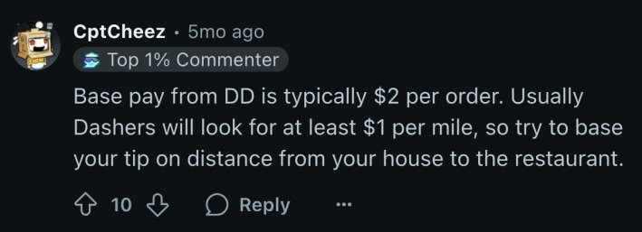 “Base pay from DD is typically $2 per order. Usually Dashers will look for at least $1 per mile, so try to base your tip on distance from your house to the restaurant,” u/CptCheez advised.