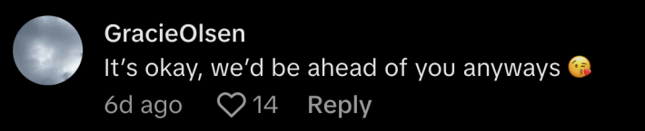 @gracieolsen25 commented, “It’s okay, we’d be ahead of you anyways,” and prompted the response, “Not for long if you’re not vaccinated,” from @yellow.paper.url.