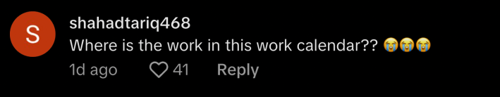 @shahadtariq468 asked—with three crying emojis, “Where is the work in this work calendar??”