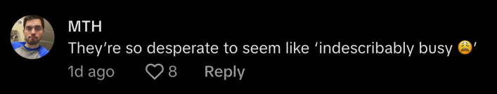 “They’re so desperate to seem like ‘indescribably busy’,” commented @mthmthmth777.