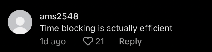 “Time blocking is actually efficient,” commented @ams2548.