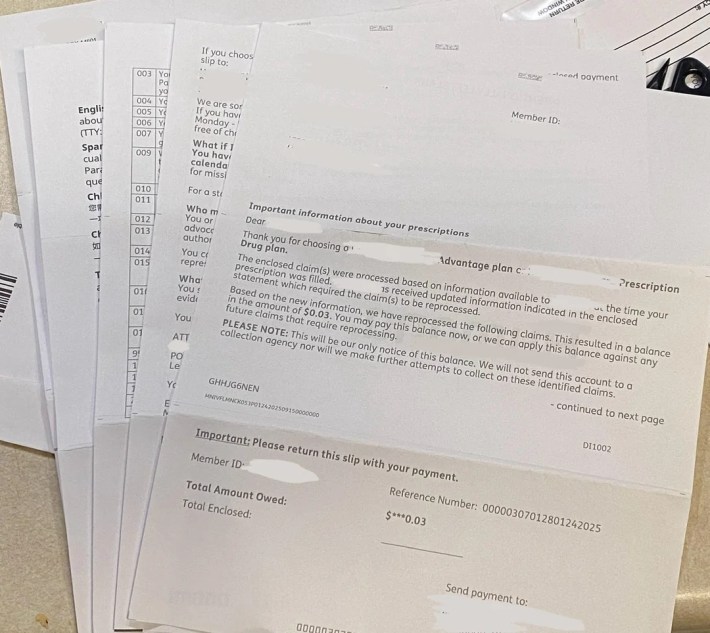 Photo of a multi-page medical bill requesting 3 cents.