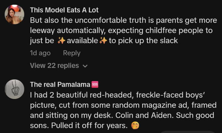 TikTok comments including one reading "But also the uncomfortable truth is parents get more leeway automatically, expecting childfree people to just be 'available' to pick up the slack"