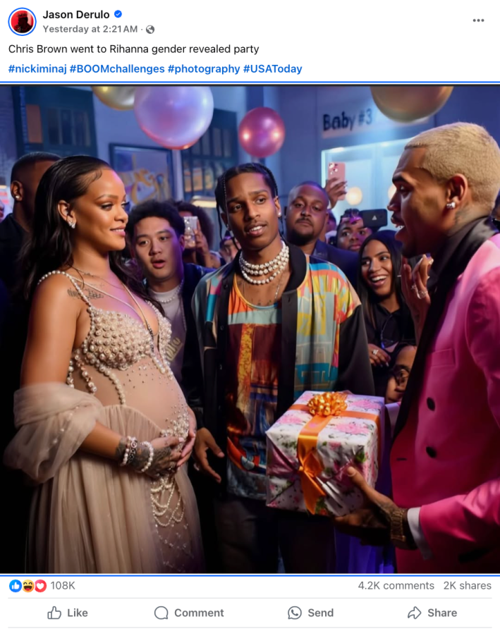 fake image of a pregnant rihanna receiving a gift from chris brown at a party