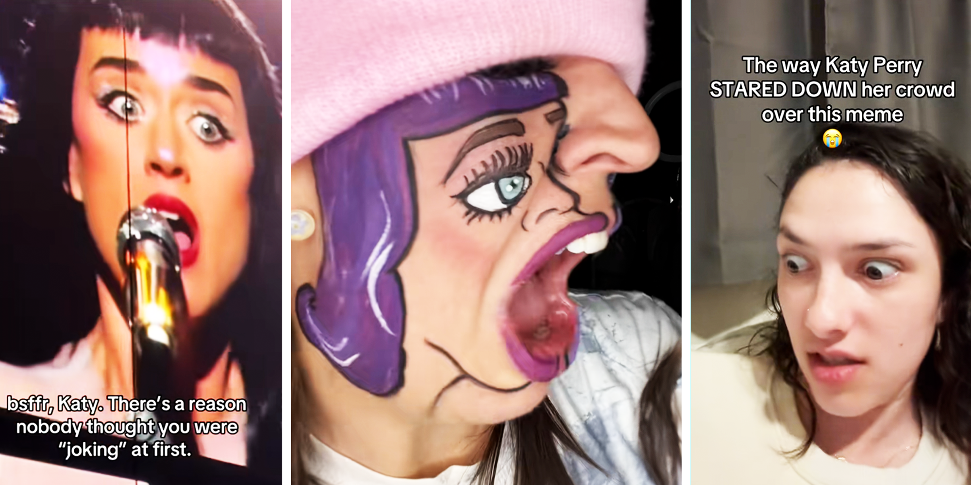 3 Panel Image, Katy Perry on screen, woman with face pant, and a woman with dark hair