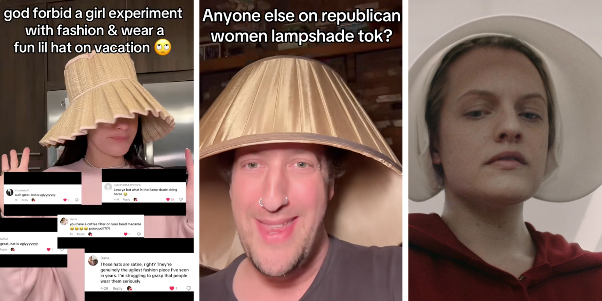 3 Panel image: Left: Woman wearing a lampshade bonnet underneath caption reading: "God forbig a girl experiment with fashion & wear a fun lil hat on vacation" Middle: Man wearing a lampshade on his head underneath caption reading "Anyone else on Republican women lampshade Tok?" Right: Screenshot of Elisabeth Moss as June Osborne wearing a handmaid bonnet in 'The Handmaid's Tale'