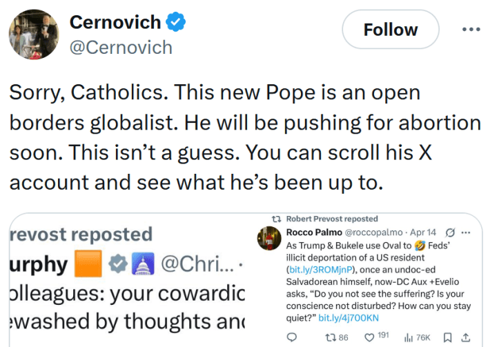 Tweet reading "Sorry, Catholics. This new Pope is an open borders globalist. He will be pushing for abortion soon. This isn’t a guess. You can scroll his X account and see what he’s been up to."