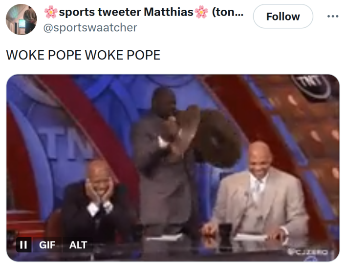 Tweet reading "WOKE POPE WOKE POPE" with a gif of Shaquille O'Neal playing the cymbals.