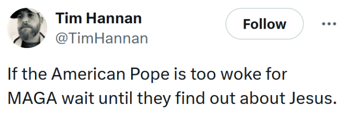 Tweet reading "If the American Pope is too woke for MAGA wait until they find out about Jesus."