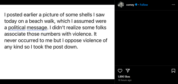 James Comey Instagram post addressing his "86 47" photo.