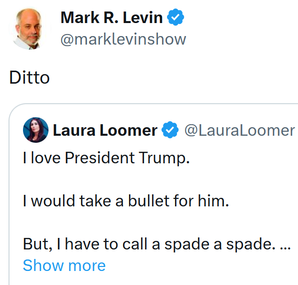 Mark Levin quote tweet of Laura Loomer reading "Ditto."