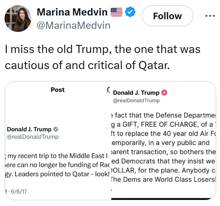 Tweet reading "I miss the old Trump, the one that was cautious of and critical of Qatar."