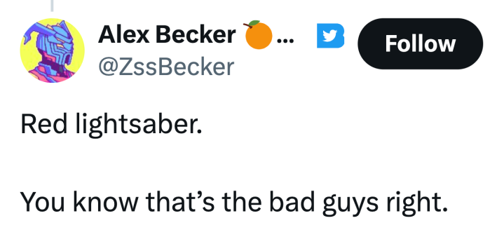 Tweet that reads, "Red lightsaber.You know that’s the bad guys right."