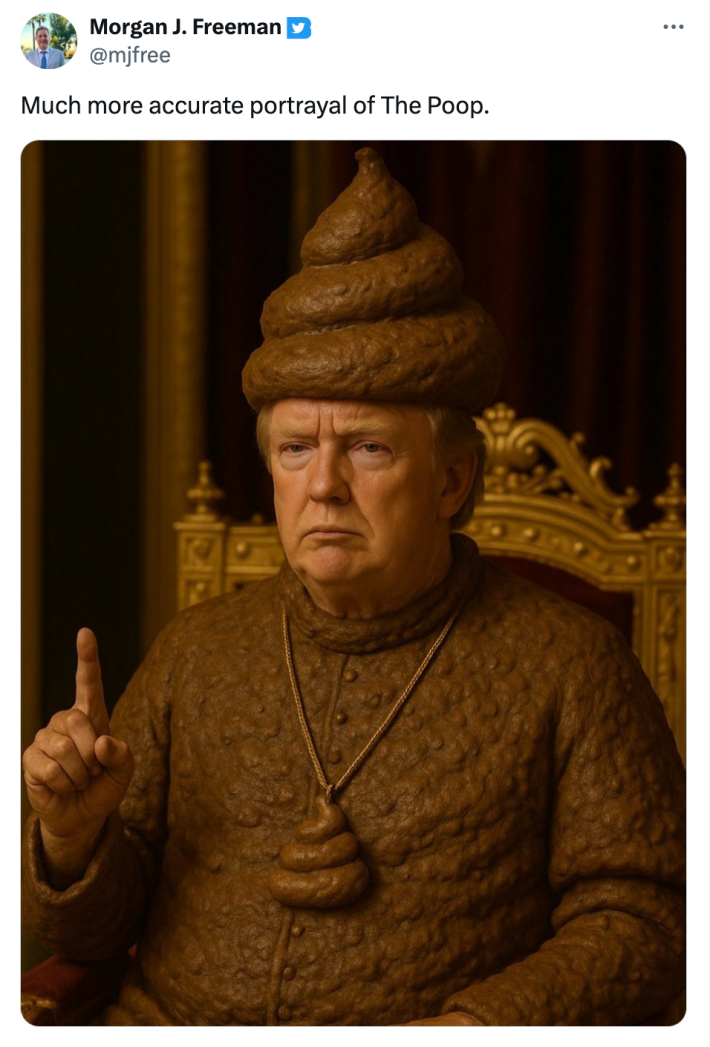 Tweet that reads, "Much more accurate portrayal of The Poop." with a photoshopped image of Trump's AI-generated Pope image dressed as poop instead.