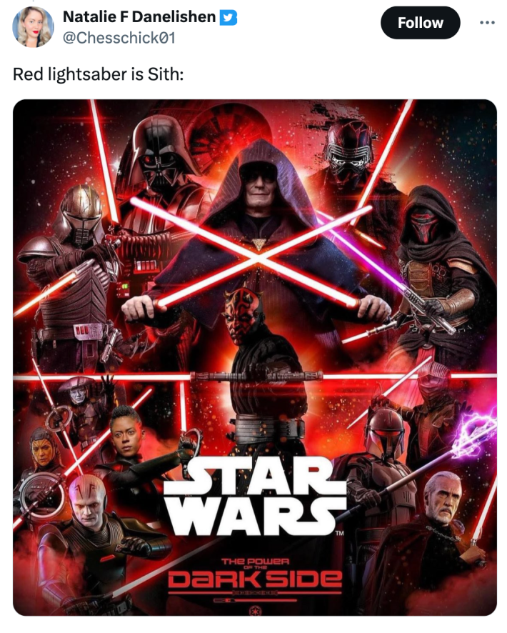 Tweet that reads, "Red lightsaber is Sith:" with a poster of all the evil Sith characters in Star Wars.