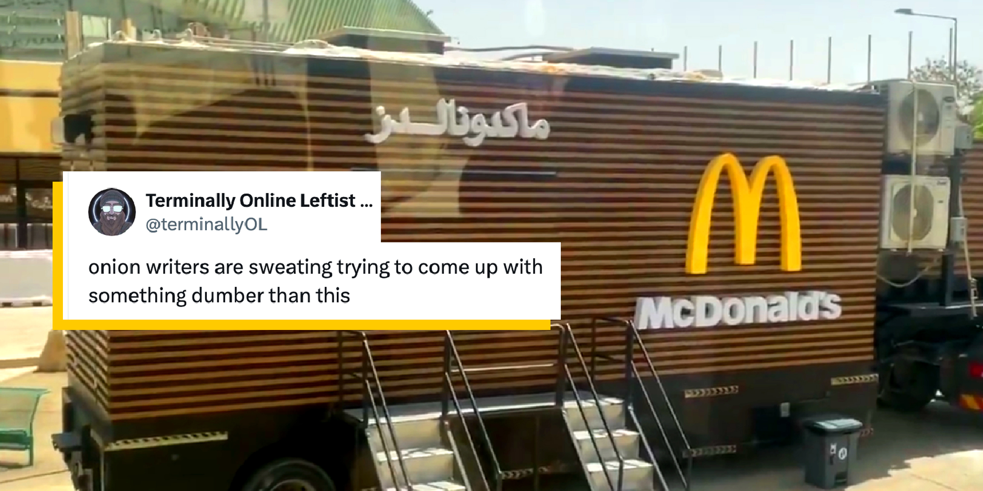 A screenshot of a video of a truck with Arabic lettering and the McDonald's logo on it.