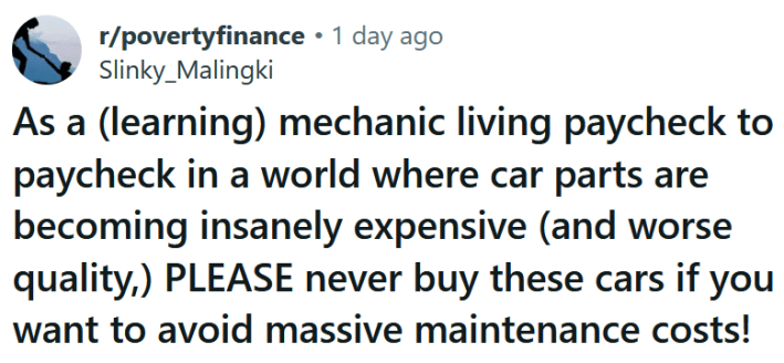 Reddit headline reading "As a (learning) mechanic living paycheck to paycheck in a world where car parts are becoming insanely expensive (and worse quality,) PLEASE never buy these cars if you want to avoid massive maintenance costs!"