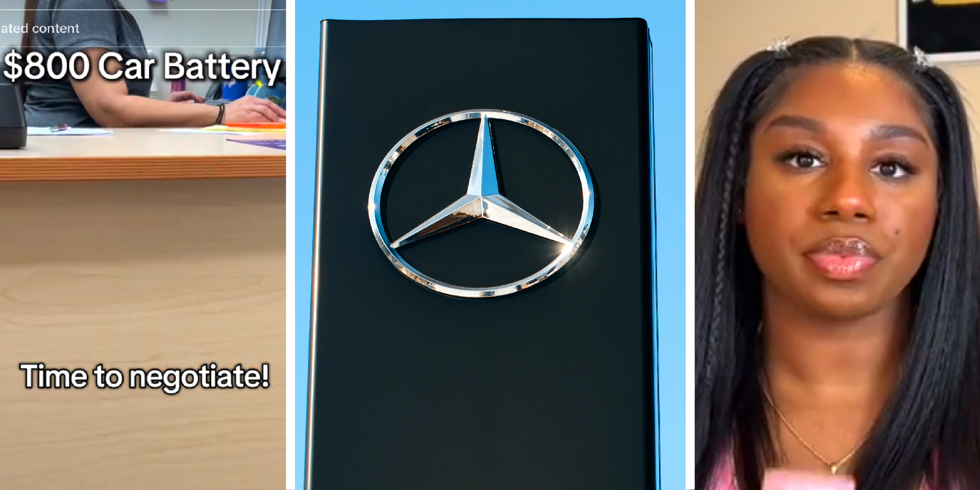 3 panel image: a reception desk, a Mercedes symbol, and a person.