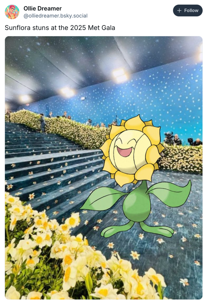 Post that reads, "Sunflora stuns at the 2025 Met Gala" with a photoshopped image of the Pokemon on the Met Gala steps.