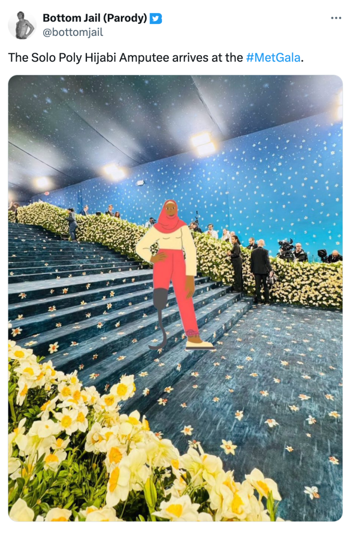 Tweet that says, "The Solo Poly Hijabi Amputee arrives at the #Met Gala." with a drawing of said person on a photo of the Met Gala carpet.