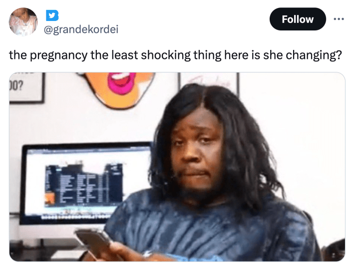 Tweet about Rhianna that says, "the pregnancy the least shocking thing here is she changing?"
