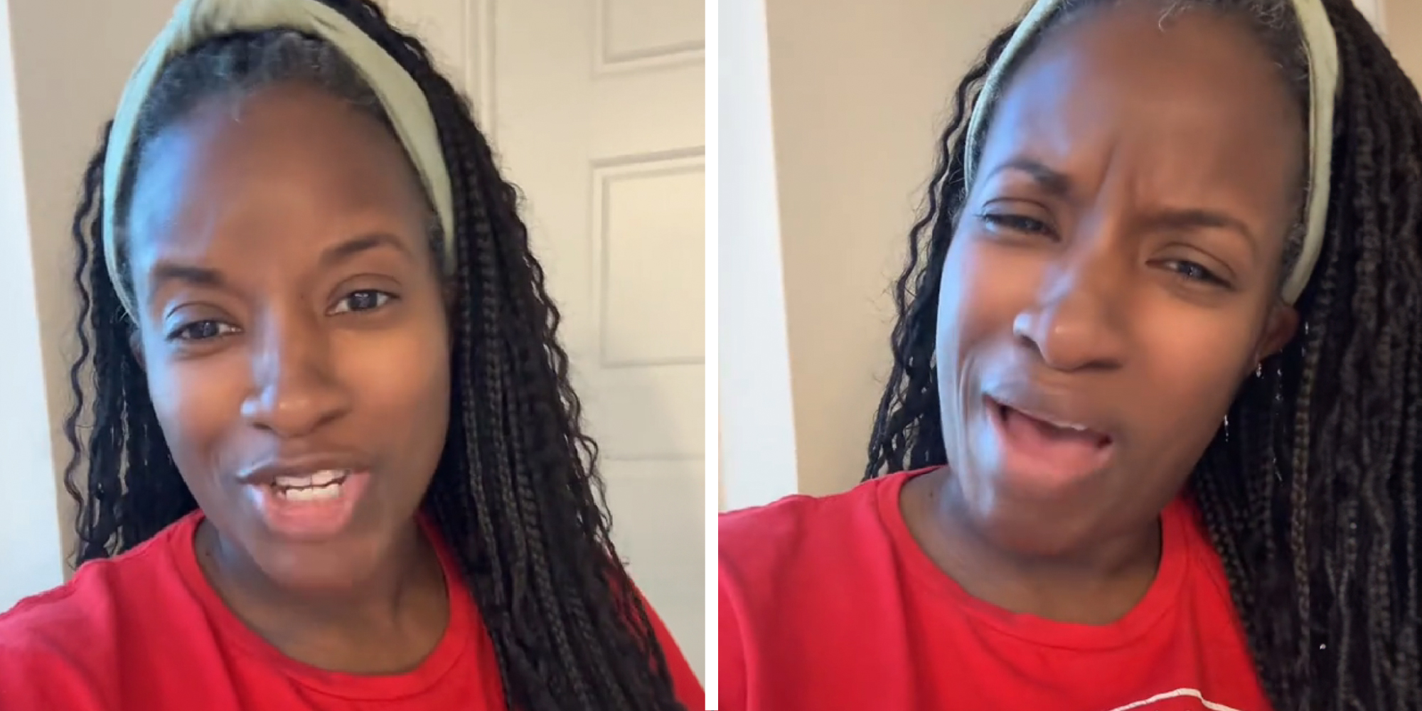 Two panels of a person explaining.