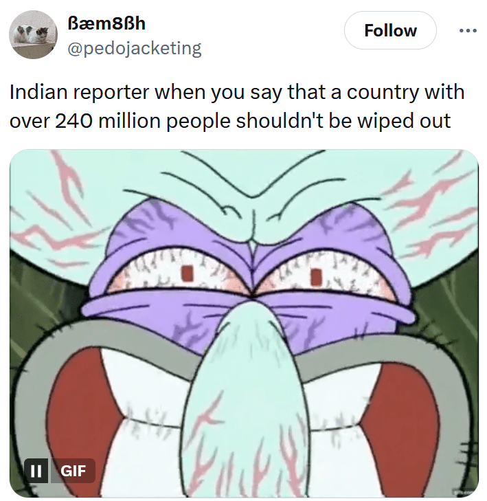 Tweet reading "Indian reporter when you say that a country with over 240 million people shouldn't be wiped out" with a Squidward gif.