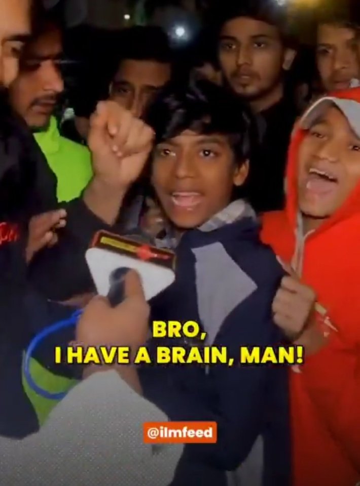 Muslim Indian boy saying "Bro, I have a brain, man!" into a reporter's mic.