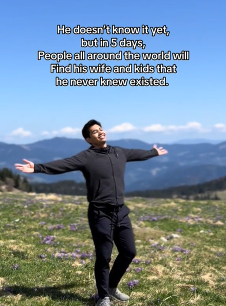 Video of Dr. Samuel twirling in a field with a caption reading "He doesn’t know it yet, but in 5 days, People all around the world will Find his wife and kids that he never knew existed."