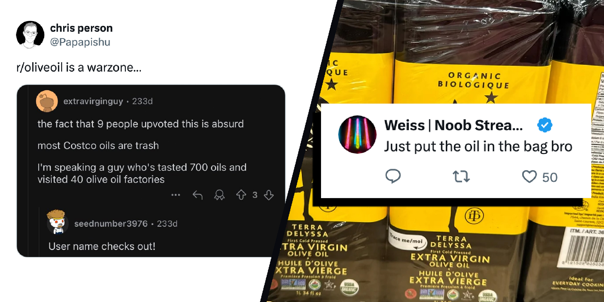 Images from social media of people discussing Costco Olive Oil.