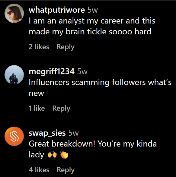 Instagram comments including one reading "Influencers scamming followers what's new"