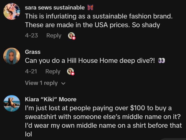 TikTok comments including one reading "This is infuriating as a sustainable fashion brand. These are made in the USA prices. So shady"
