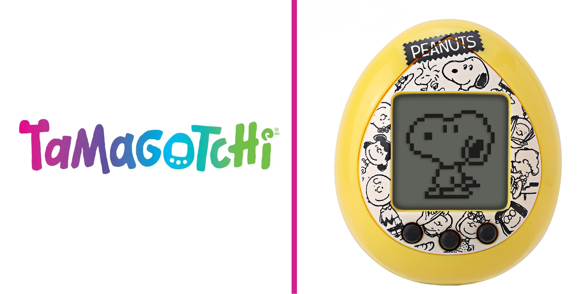 2 panel image of the Tamagotchi logo and the soon to be released Peanuts tamagotchi toy.