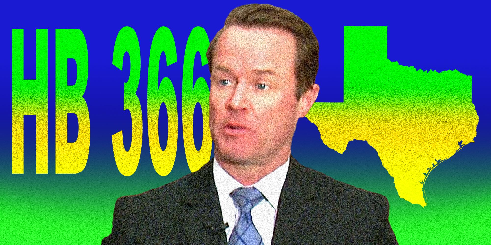 Photo collage image of Texas speaker of the house Dade Phelan in front of a silhouette of the state of Texas.