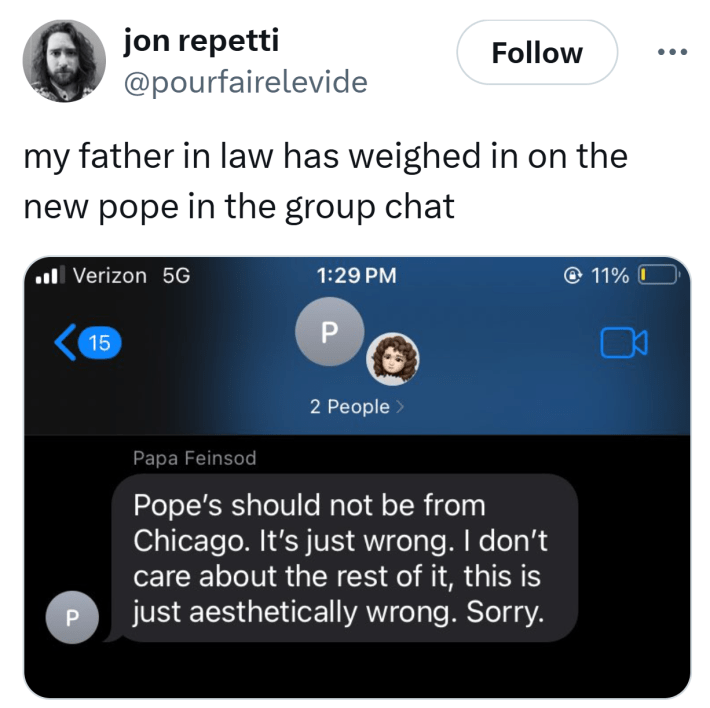 Meme tweet about Pope Leo from Chicago.