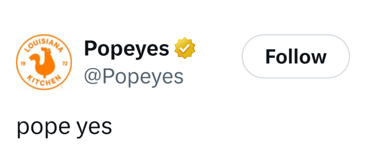 Meme tweet about Pope Leo from Chicago from Popeyes saying, "pope yes."