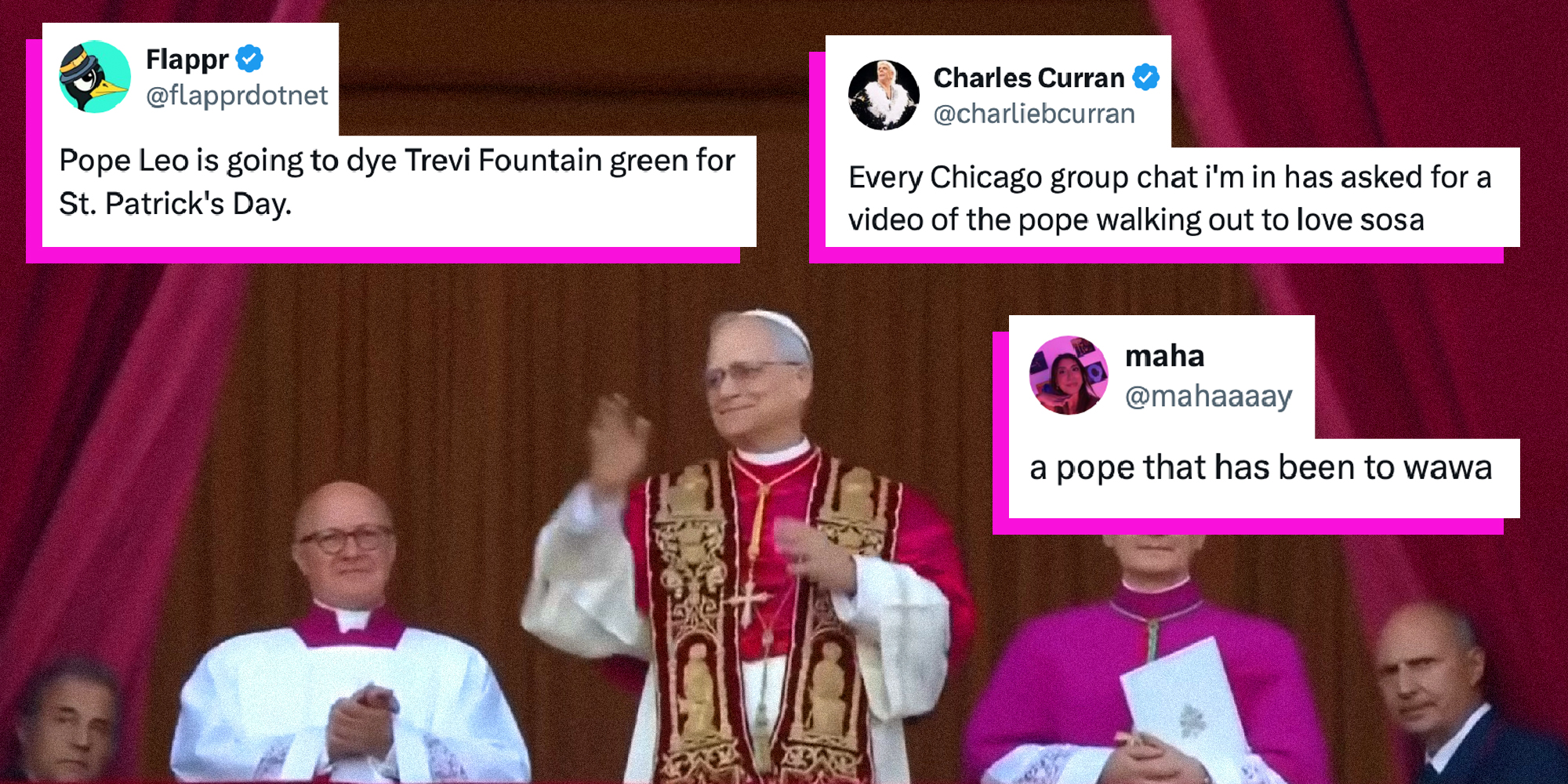 The new pope Leo stands on the Vatican balcony and greets the crowd. Tweets about his coronation are overlaid.