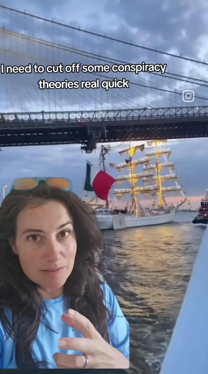 Woman with a greenscreen image of the ship that hit the Brooklyn Bridge. Text overlay reads, "I need to cut off some conspiracy theories real quick."